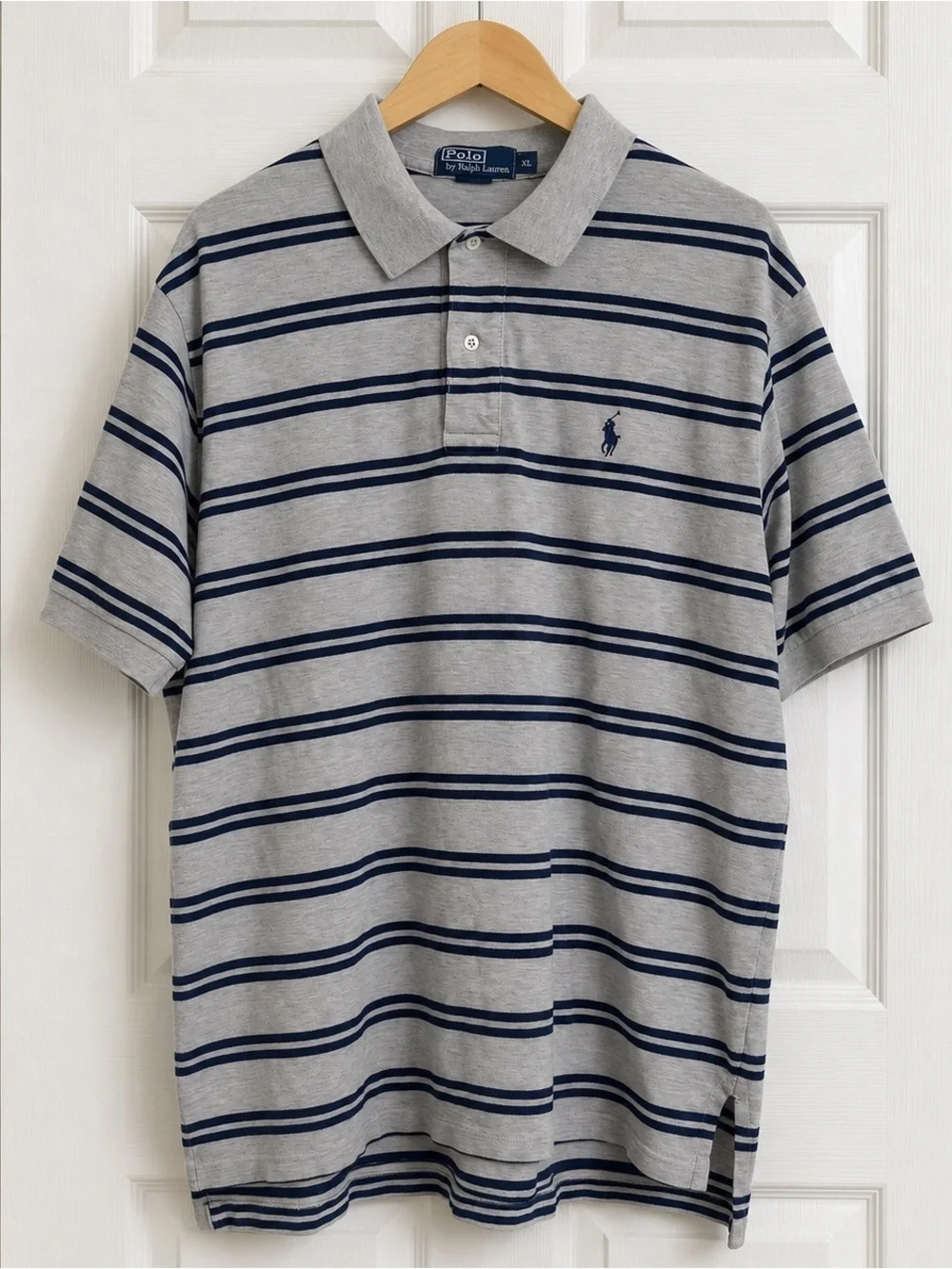 Vintage Polo Ralph Lauren Striped Polo Shirt XL Gray NavKnit Cotton 90s
